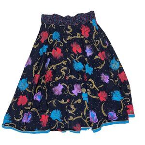 Vintage 80s Jeanne Marc Skirt Smocked Waist Circular Novelty Print Floral Black